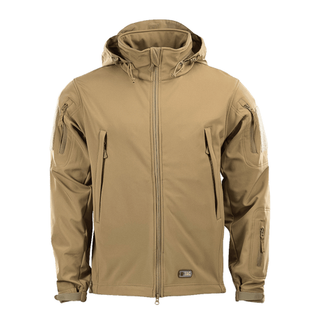 M-Tac Soft Shell -takki tan-värissä polyuretaanikalvolla ja fleece-vuorella, suunniteltu suojaamaan huonolta säältä.