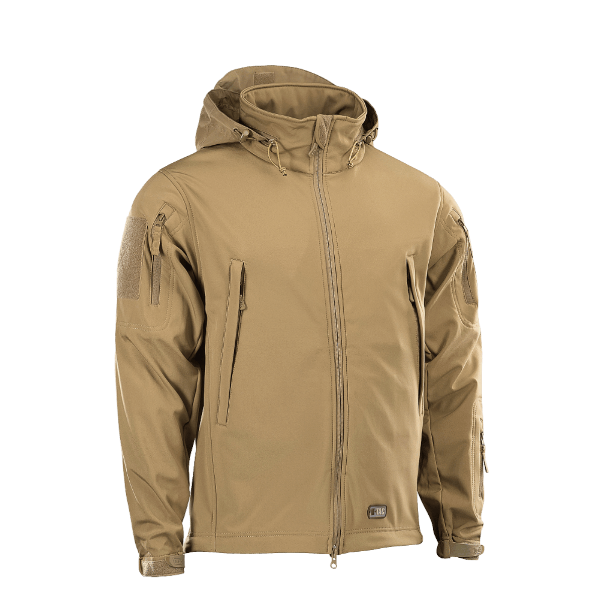 M-Tac Soft Shell -takki beige, huppu ja vetoketjutaskut, sopii sääsuojaukseen polyuretaanikalvon ansiosta.