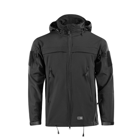 M-Tac Soft Shell Police Jakke mustana, säädettävällä hupulla, sisäinen polyuretaanikalvo ja taktiset paneelit ammatilliseen käyttöön.