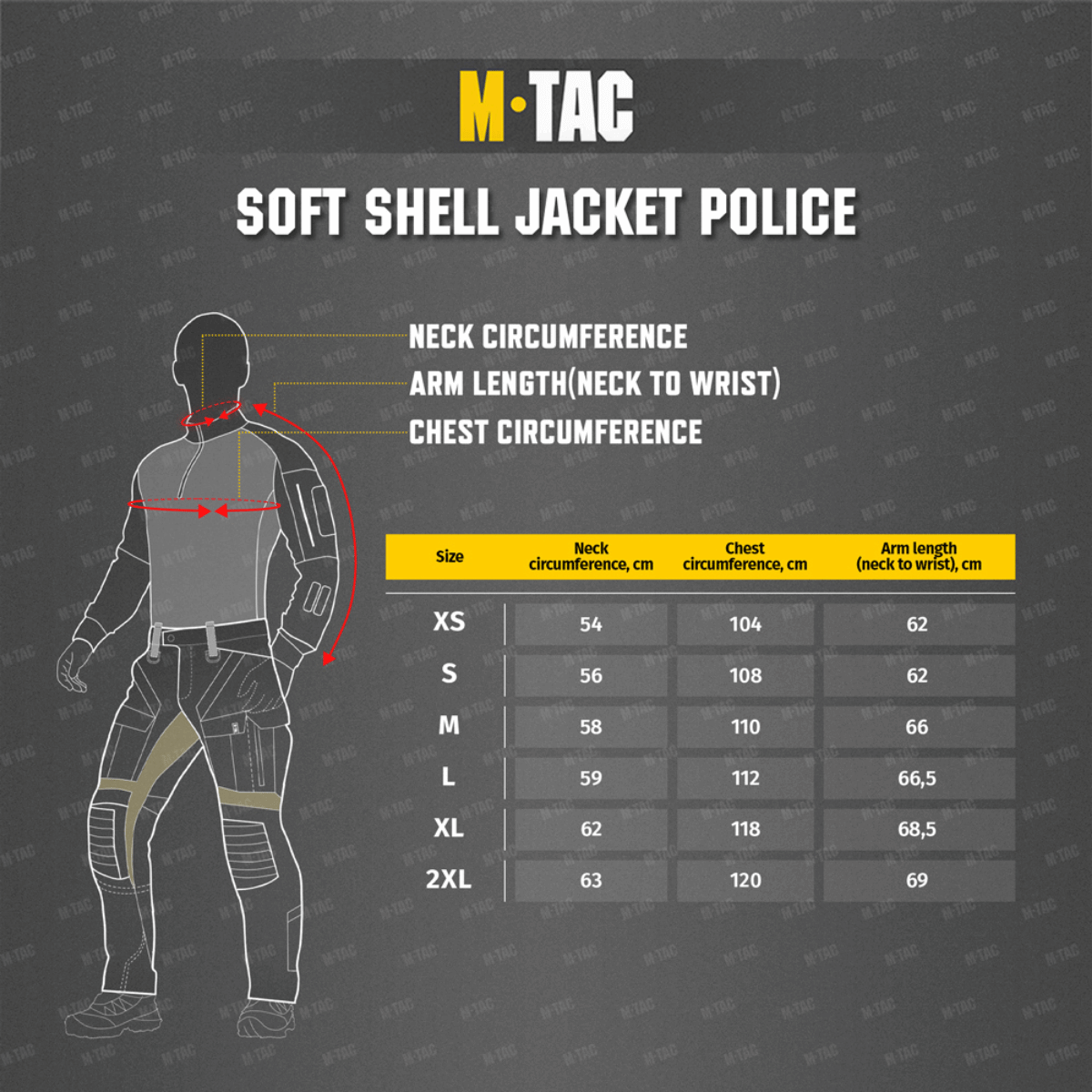 Kokotaulukko M-Tac Soft Shell Police Jakkeelle, mitat kaulalle, käsivarsille ja rinnan ympärykselle eri kokoja varten.