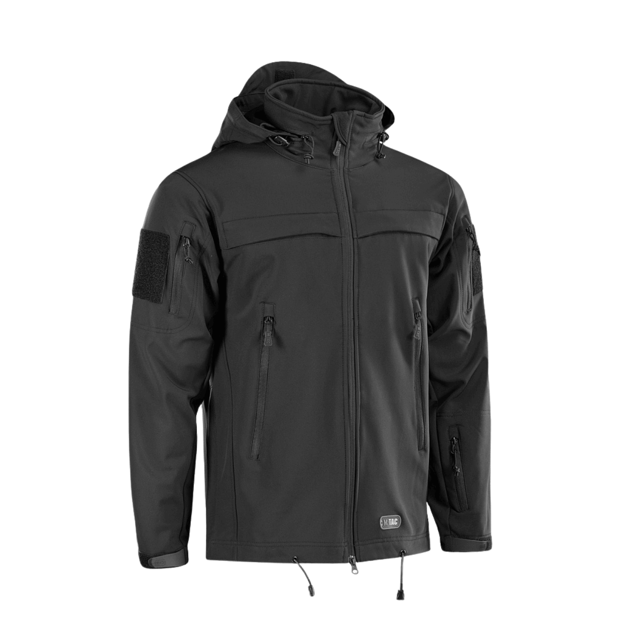 M-Tac Soft Shell Police Jakke säädettävällä hupulla ja tuulta suojaavalla polyuretaanikalvolla, musta.