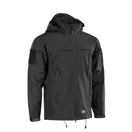 M-Tac Soft Shell Police Jakke säädettävällä hupulla ja tuulta suojaavalla polyuretaanikalvolla, musta.