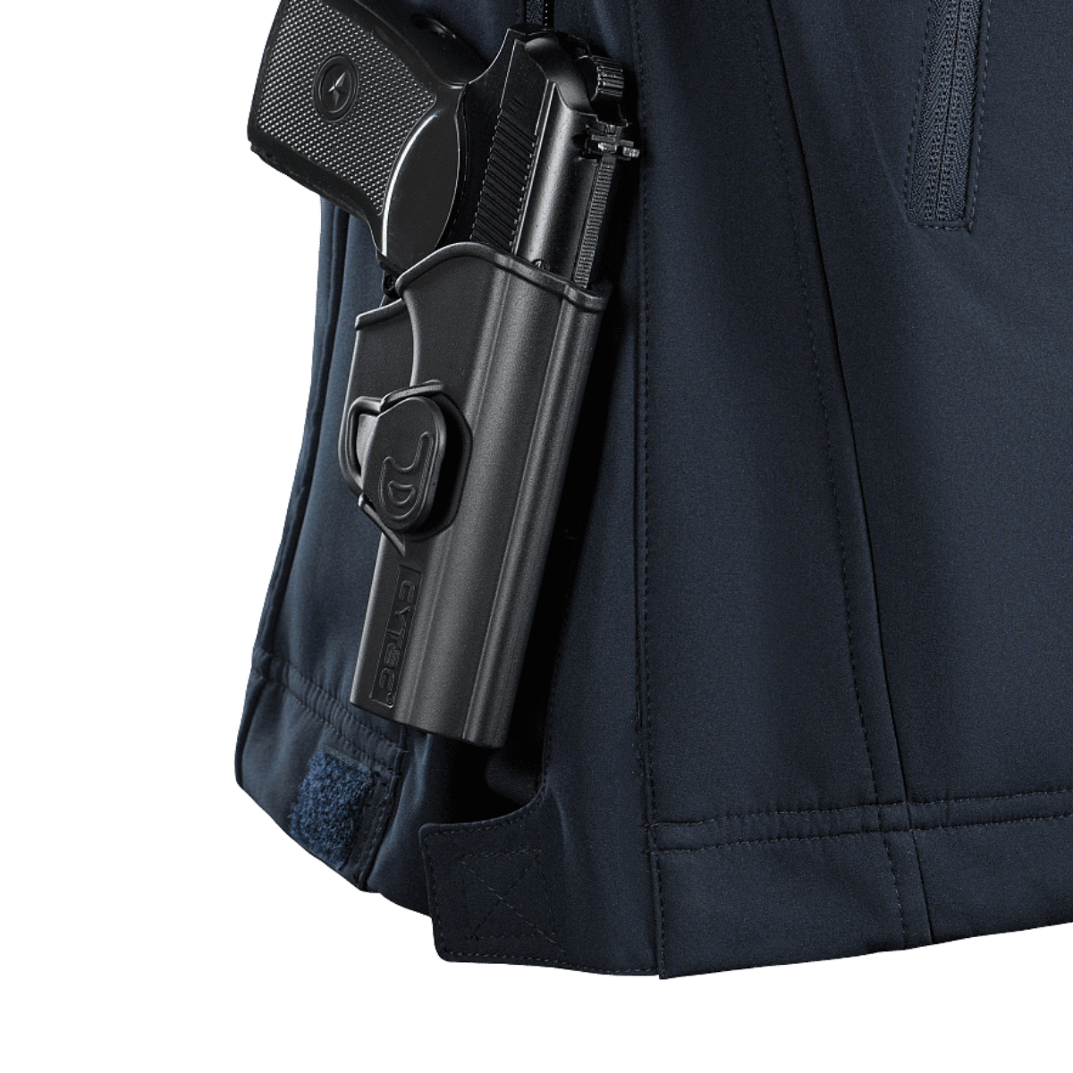 Yksityiskohta M-Tac Soft Shell Police Jakkeesta sisältä löytyvästä väline taskusta, korostaa toiminnallista leikkausta ja sääsuojaa.