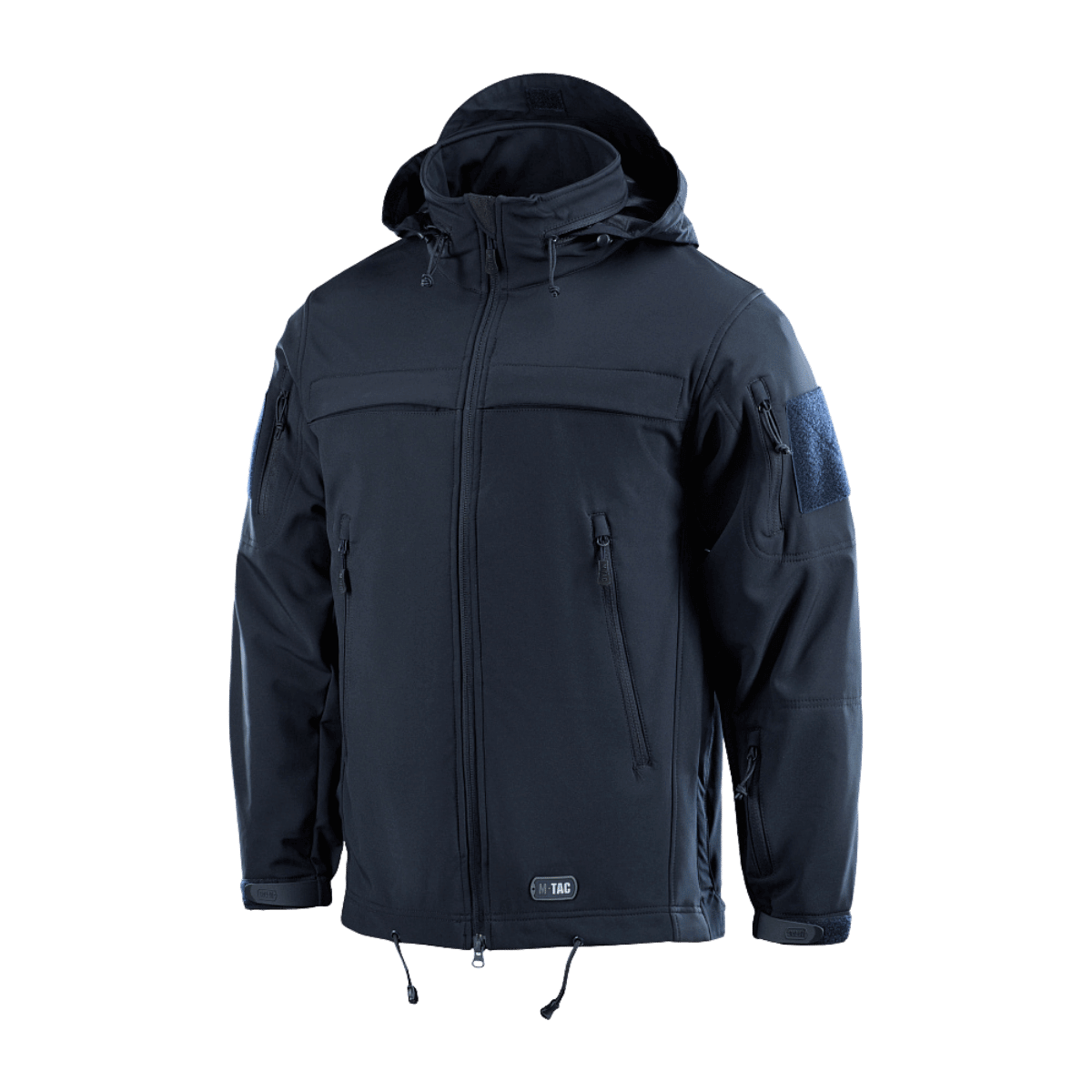 M-Tac Soft Shell Police Jakke mustana, polyuretaanikalvolla ja fleecevuorella, dynaaminen leikkaus, säädettävä huppu ja tunnistepaneelit.