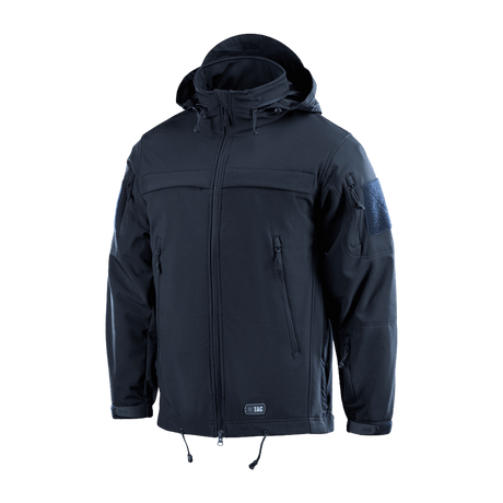 M-Tac Soft Shell Police Jakke mustana, polyuretaanikalvolla ja fleecevuorella, dynaaminen leikkaus, säädettävä huppu ja tunnistepaneelit.