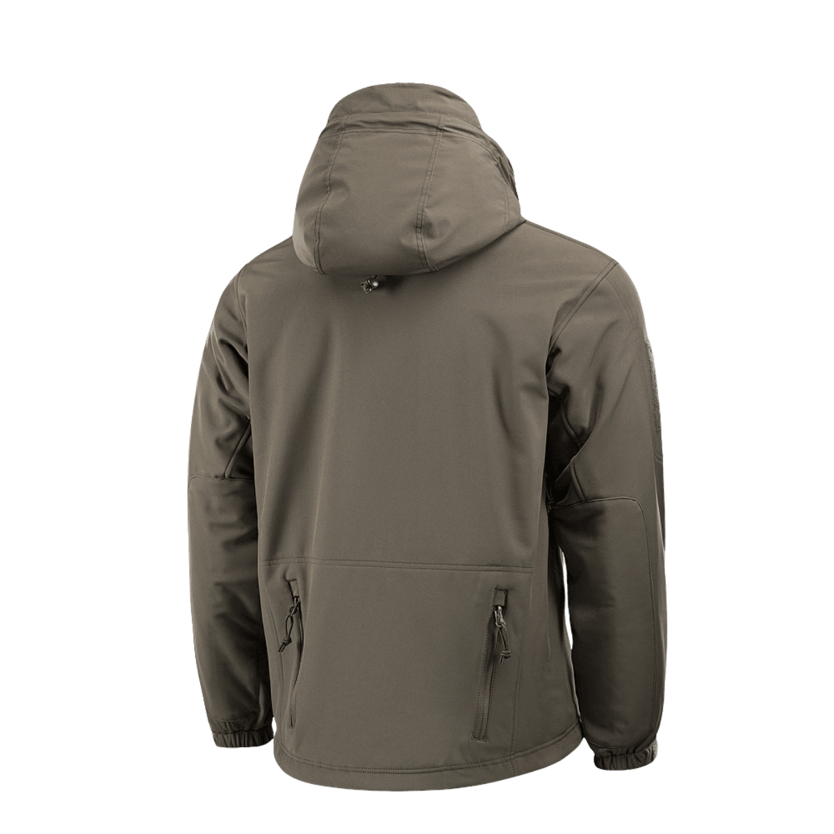 M-Tac Soft Shell Jakke med Liner takaa, näyttää hupun ja vetoketjutaskut, valmistettu sääsuojamateriaalista ja irrotettavalla fleecellä.
