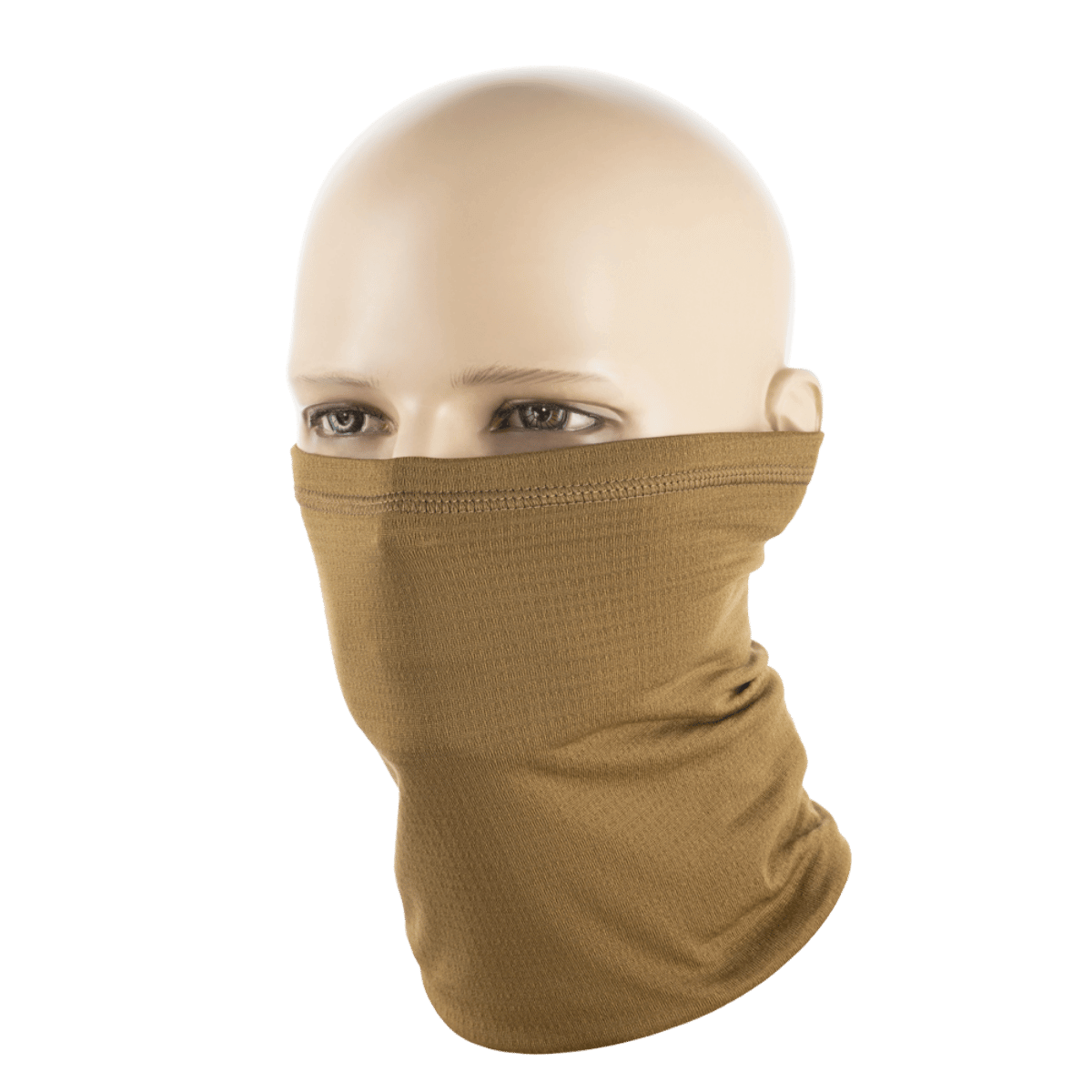 M-Tac Tube Scarf Polartec Power Grid, ruskea, käytetty kasvomaskina, suojaa tuulelta ja kylmältä, käyttökelpoinen huivina tai otsapantana.