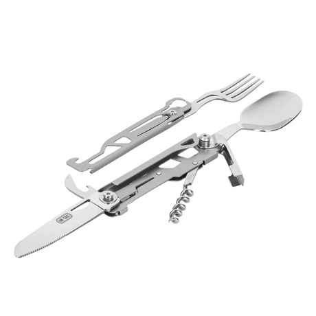 M-Tac Spork Bestiksæt med Karabinhage - käytännöllinen kenttäaterin lusikalla, haarukalla, veitsellä ja pullonavaajalla retkeilyyn ja vaelluksille.