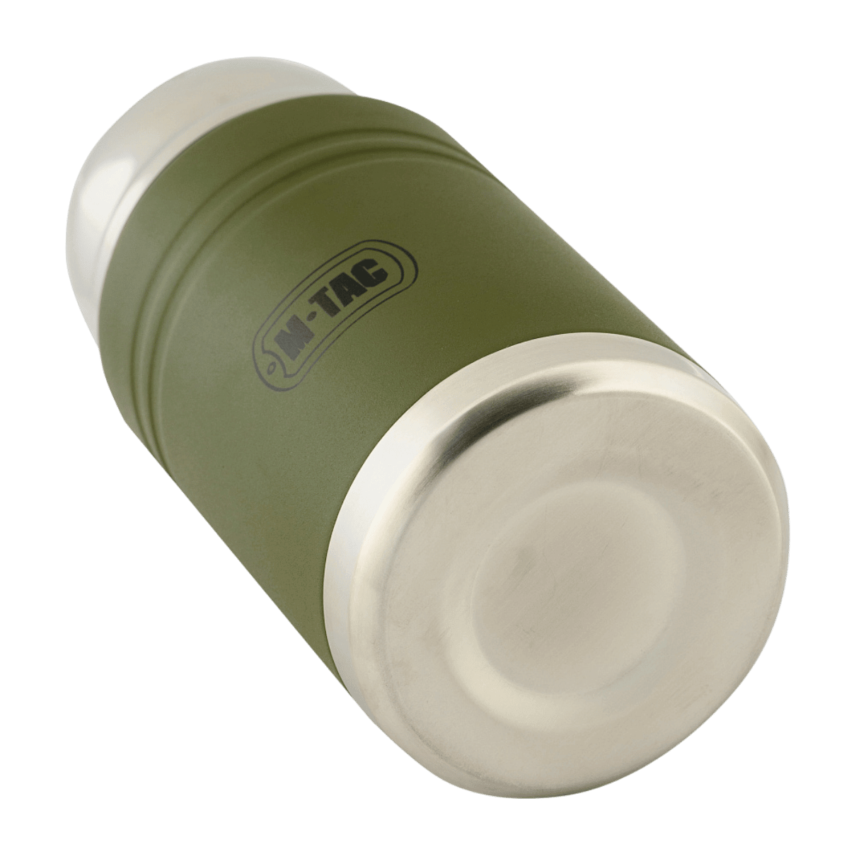 M-Tac termospullo 750 ml taittuvalla lusikalla, ruostumatonta terästä, nähty alaviistosta; moderni muotoilu, sopii retkeilyyn.