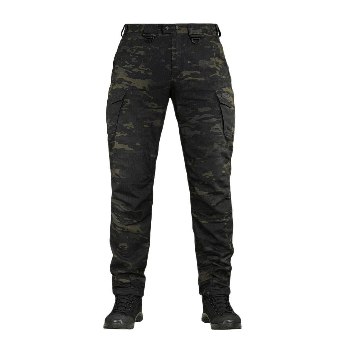 M-Tac Aggressor Elite Nyco Extreme housut Black Multicama4-kuosissa, sopivat taktiseen ja ulkoilukäyttöön.