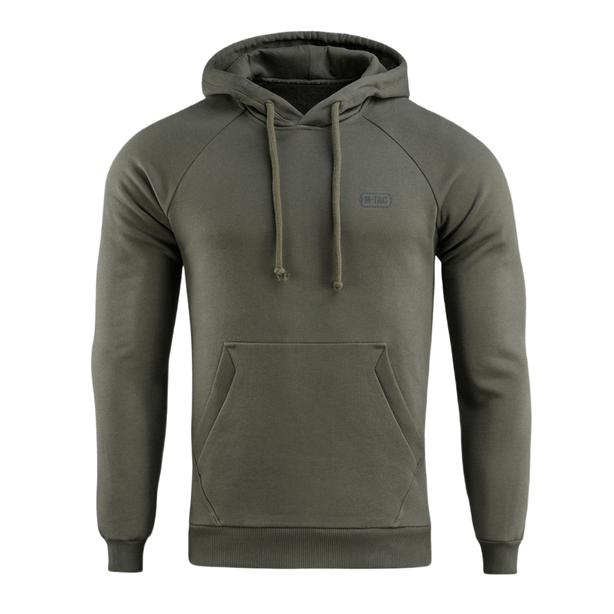 M-Tac Cotton Raglan Hard Hoodie oliivinvihreänä kengurutaskulla, ihanteellinen syksyyn ja talveen, 100% puuvillaa lämmitykseen ja mukavuuteen.
