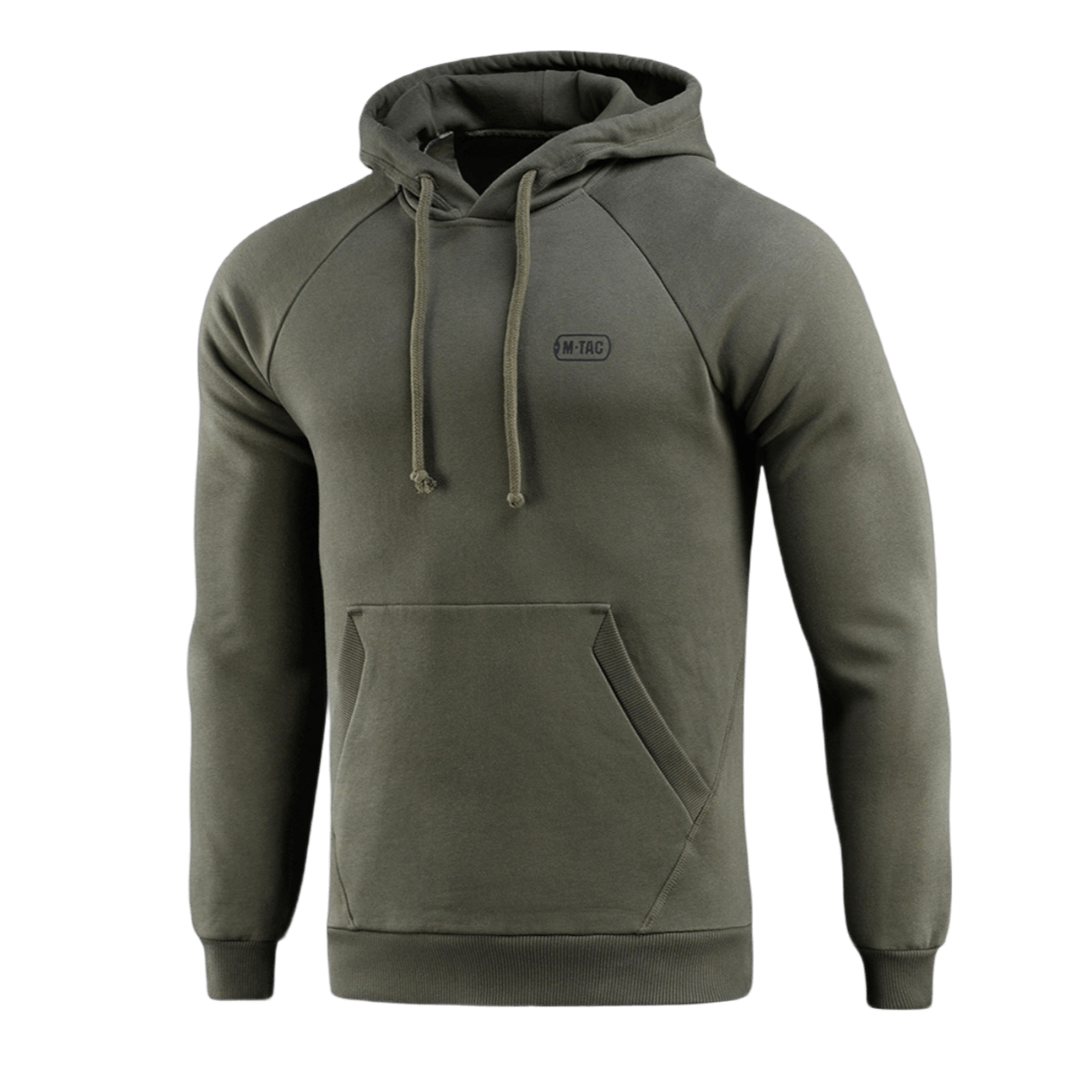 M-Tac Cotton Raglan Hard Hoodie vihreänä kengurutaskulla ja hupulla, suunniteltu arki- ja vapaa-ajan käyttöön.