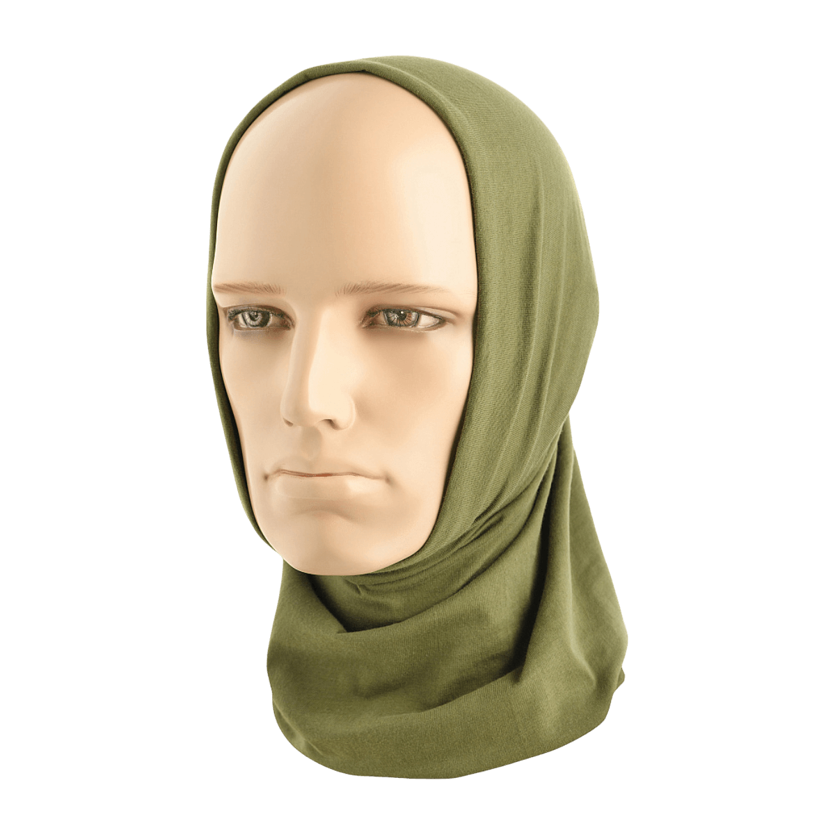 M-Tac Bomuld Tube Scarf vihreänä mannekiinilla, monikäyttöinen vapaa- ja taktiseen käyttöön, 100% puuvillaa, nopeasti kuivuva.