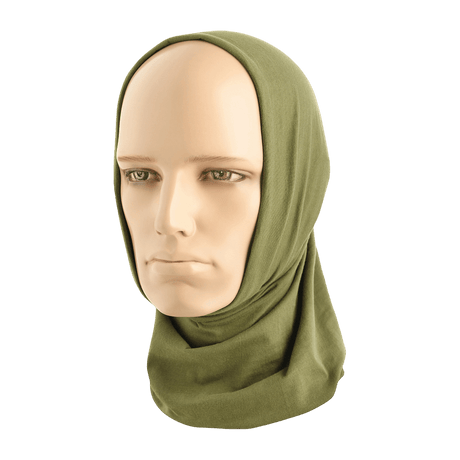 M-Tac Bomuld Tube Scarf vihreänä mannekiinilla, monikäyttöinen vapaa- ja taktiseen käyttöön, 100% puuvillaa, nopeasti kuivuva.