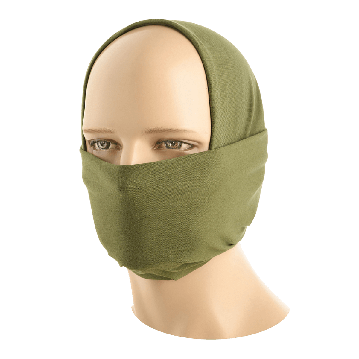 Malli käyttää vihreää M-Tac Bomuld Tube Scarf -balaclavaa, valmistettu 100% puuvillasta, monikäyttöinen ja nopeasti kuivuva asuste.