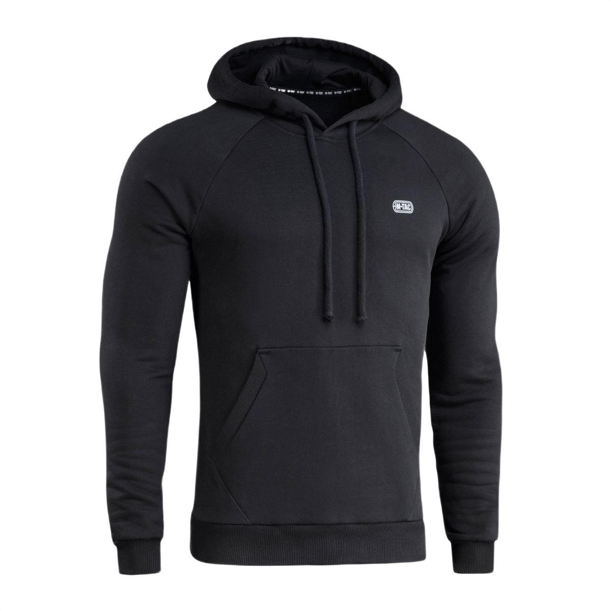 M-Tac Cotton Raglan Hard Hoodie mustana kengurutaskulla ja fleece-vuorella, sopii syksyyn ja talveen. Huppu ja raglan-hihat mukavuutta varten.