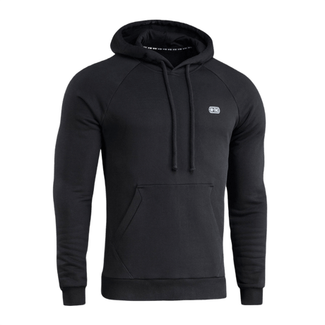 M-Tac Cotton Raglan Hard Hoodie mustana kengurutaskulla ja fleece-vuorella, sopii syksyyn ja talveen. Huppu ja raglan-hihat mukavuutta varten.