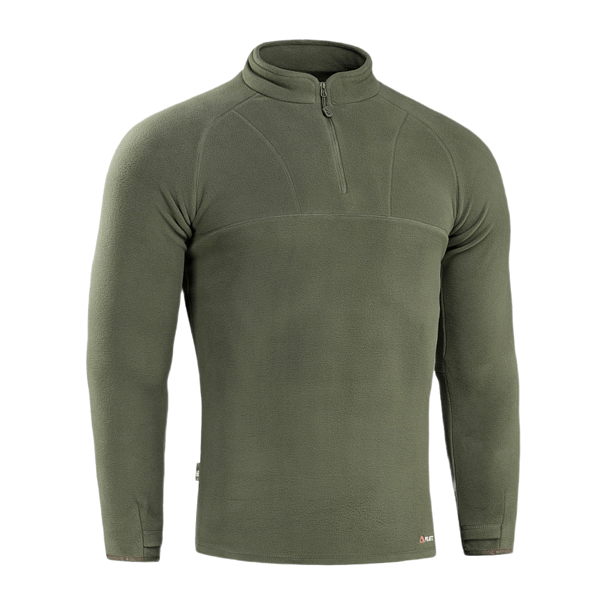M-Tac Delta Polartec Raglan -takki oliivinvihreä, korkea kaulus ja vetoketju, valmistettu 100% polyesteristä Polartec® Micro Series -fleecestä.