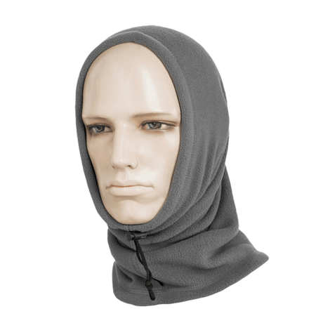 M-Tac Fleece Neck Gaiter med Snor harmaana, mannekiinilla, suoja kylmää vastaan, säädettävä nyörillä mukavuutta varten.