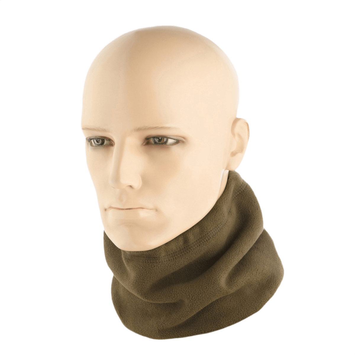 M-Tac Fleece Neck Gaiter med Snor oliivinvihreänä mannekiinilla, monikäyttöinen kylmään, hypoallergeeninen fleecemateriaali.