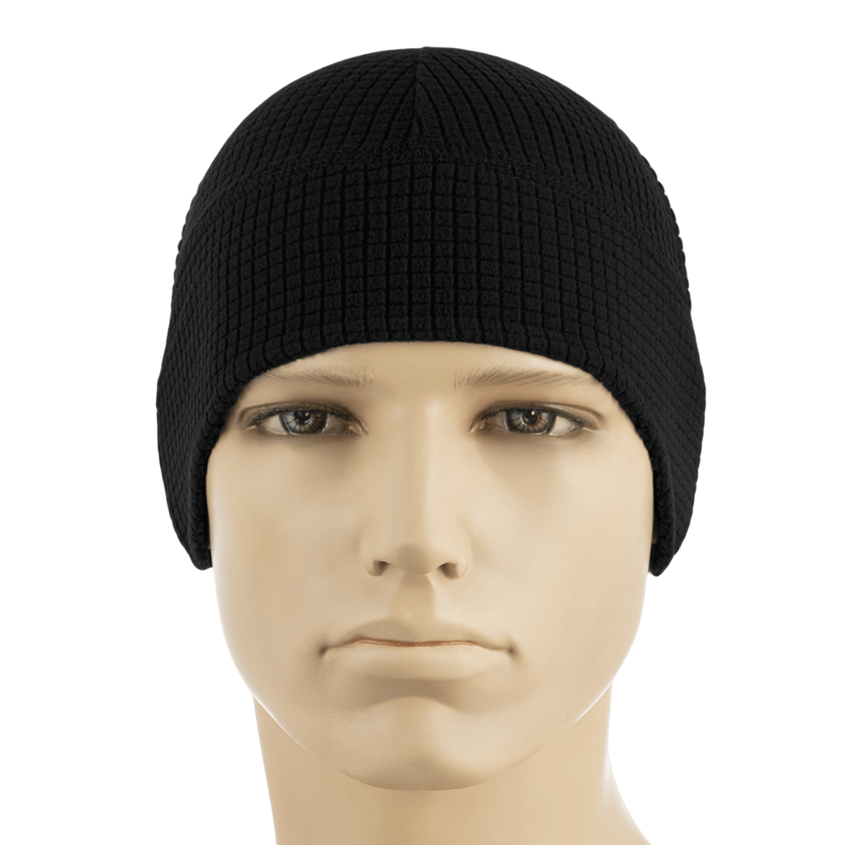 M-Tac Fleece Rip-Stop kypärämyssy Gen.II, musta, sopii viileään säähän, esillä mallinukella neutraalilla taustalla.