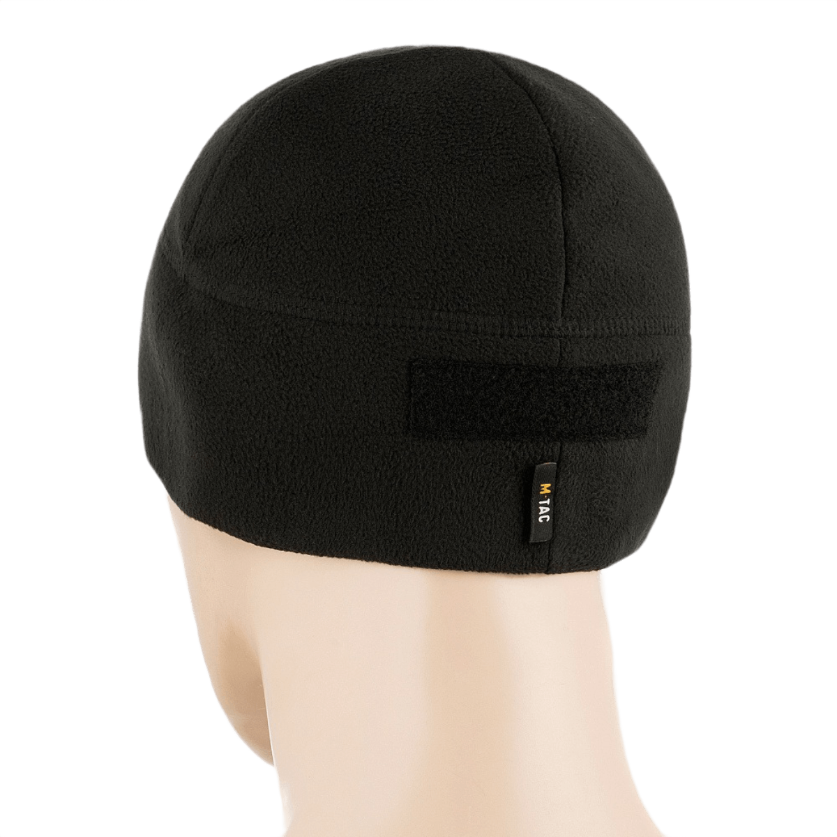 M-Tac Fleece Tactical Watch Cap Beanie m. Patch Panel mustana takaa nähtynä, näyttää tarrapaneelin takana, täydellinen taktiseen käyttöön.