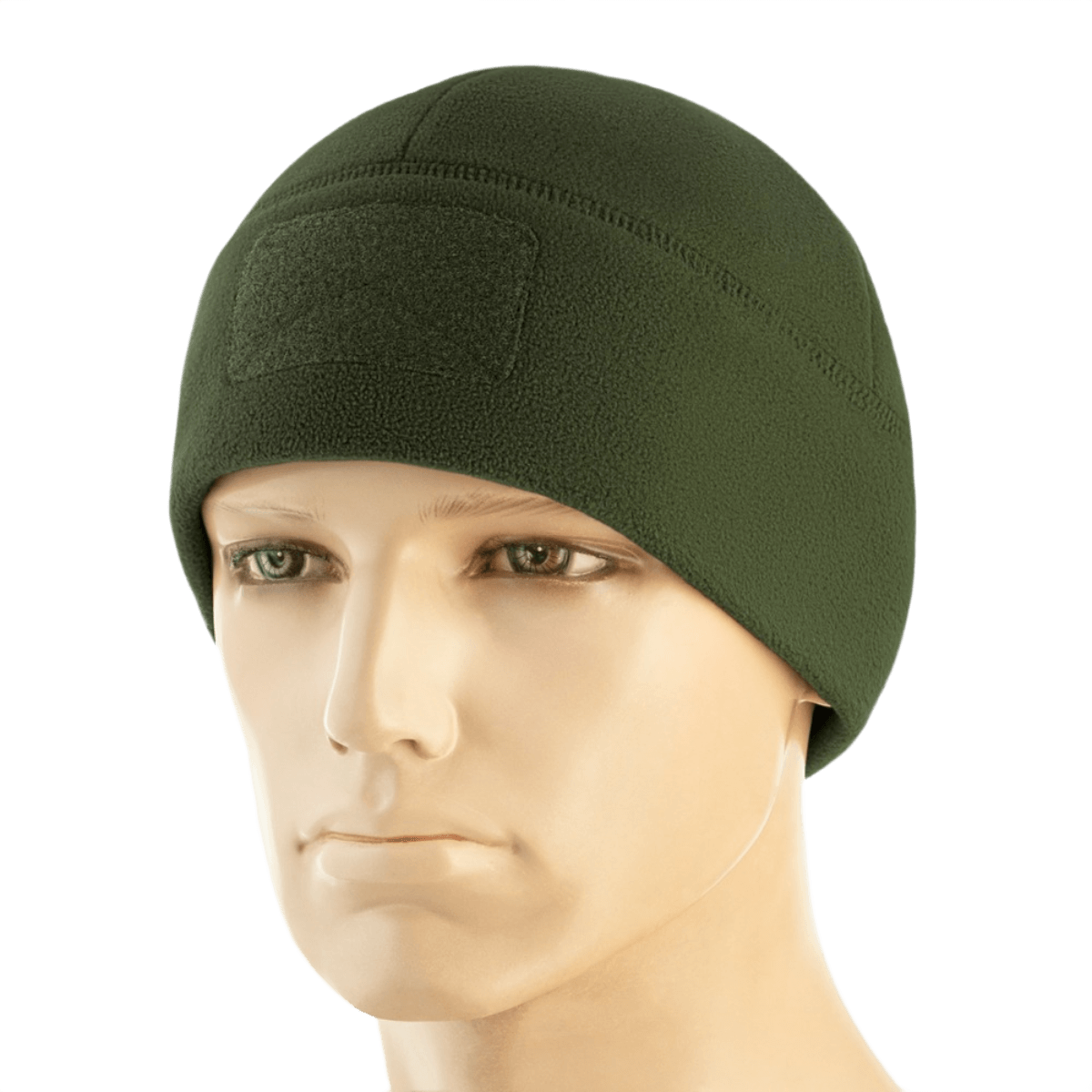 M-Tac Watch Cap Elite Fleece Beanie Hat Velcro, vihreä, kevyt ja lämmin pipo taktiseen käyttöön, Velcro-paneeli merkeille, pidetty mannekiinilla.