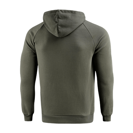 M-Tac Cotton Raglan Hard Hoodie oliivinvärisenä takaa nähtynä raglan-hihoilla ja hupulla, 100% puuvillaa.