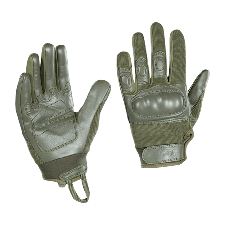 M-Tac Assault Tactical Mk.4 -hanskat, aidolla nahalla vahvistettu kämmen ja velcro-suljenta. Iskunvaimennuspadat nyrkissä.