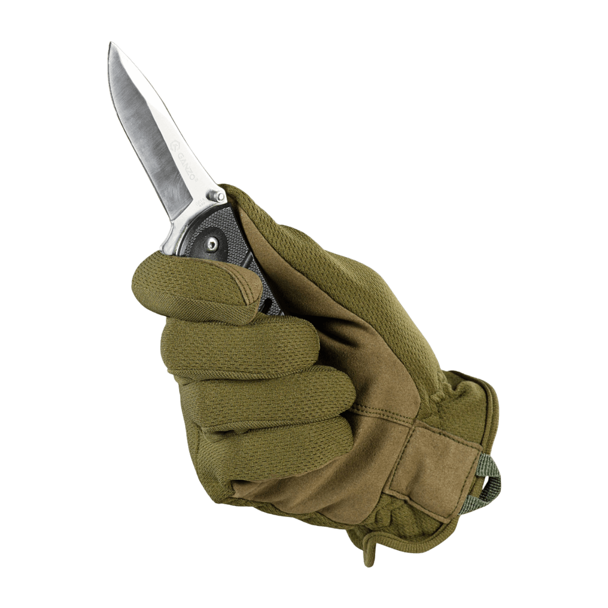 M-Tac Handsker Scout Tactical Mk.2, käytössä veitsen kanssa, näyttää kulutusta kestävän synteettisen nahkakädensijan, joustavuutta ja nopeasti kuivuvan materiaalin.