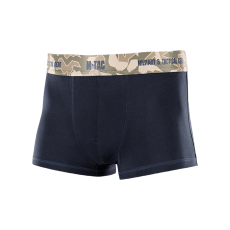M-Tac Herre Boxer 93/7 navy-värissä kamuflaasivyöllä, suunniteltu mukavuuteen ja kestävyyteen anatomisella istuvuudella, sopii päivittäiseen käyttöön.