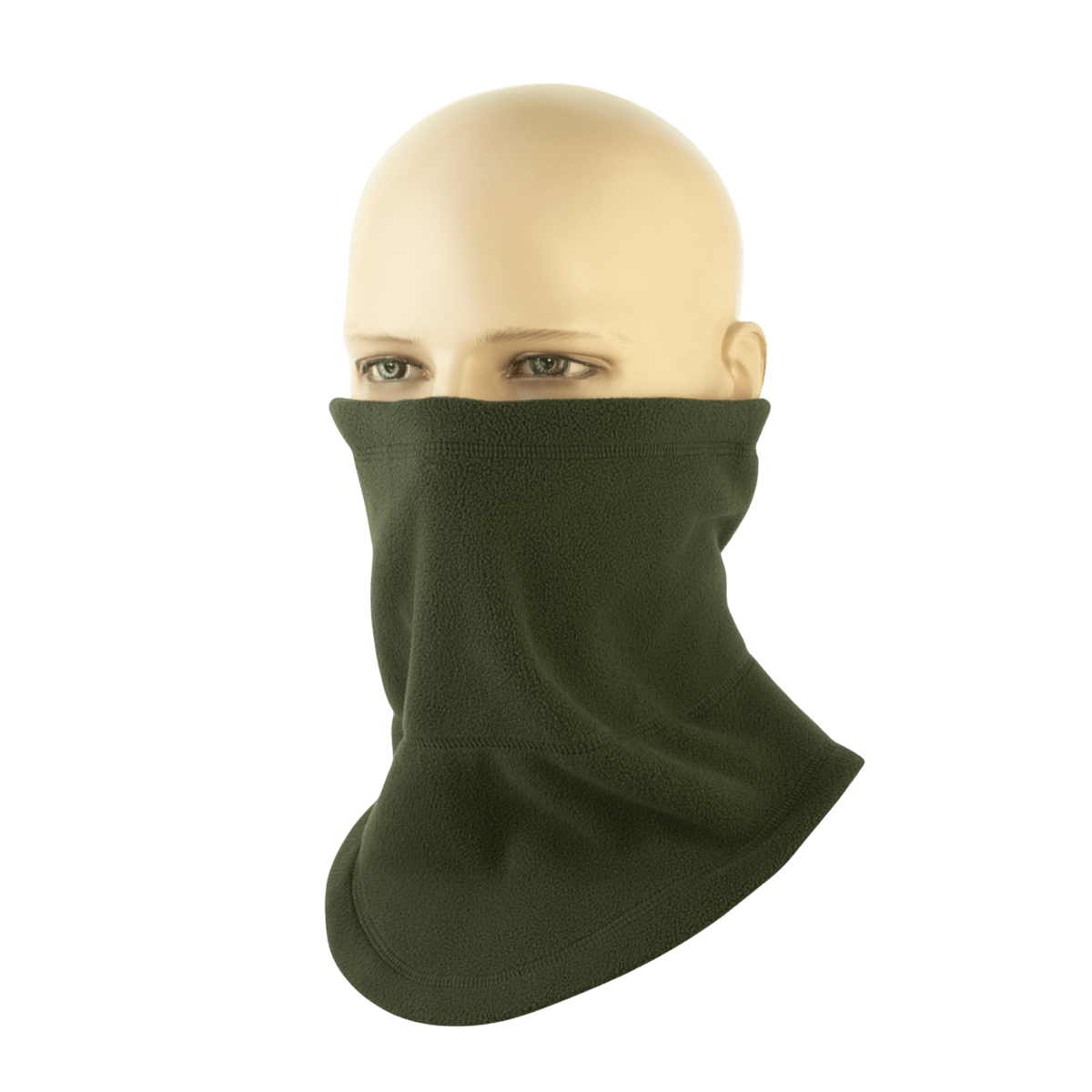 M-Tac Anatomisk Snood Justerbar Elite Fleece (320 g/m²) vihreänä mannekiinilla, monikäyttöinen kylmäsään asuste, pehmeä fleece.