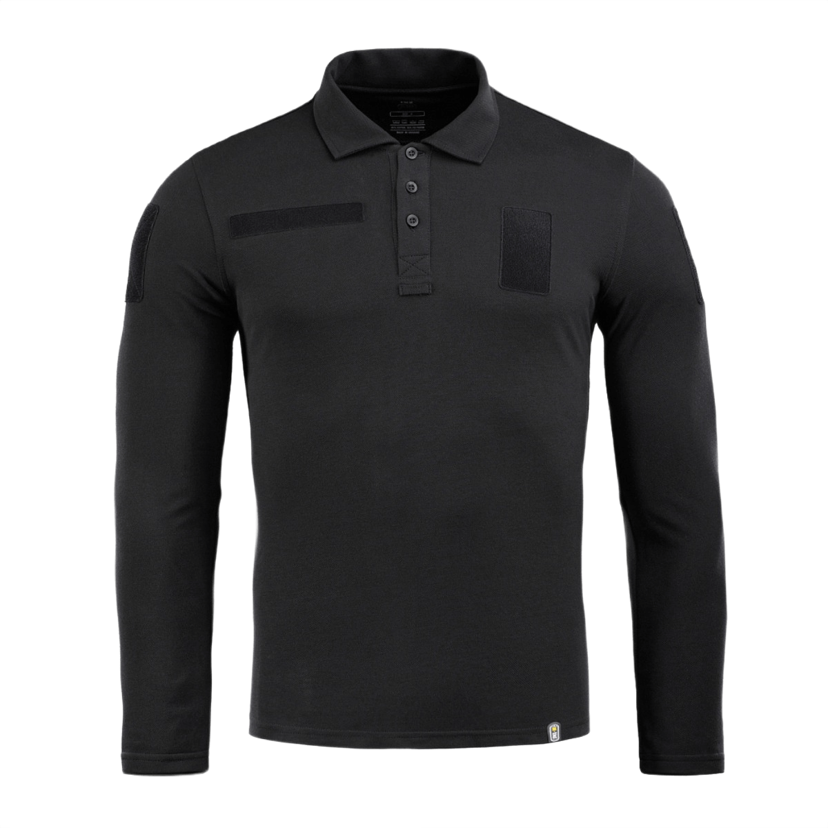 M-Tac Tactical Polo Shirt pitkähiha 65/35 musta, suunniteltu poliisi- ja turvallisuustyöhön, Velcro-panelit, pitkähiha lisäsuojaa varten
