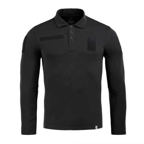 M-Tac Tactical Polo Shirt pitkähiha 65/35 musta, suunniteltu poliisi- ja turvallisuustyöhön, Velcro-panelit, pitkähiha lisäsuojaa varten