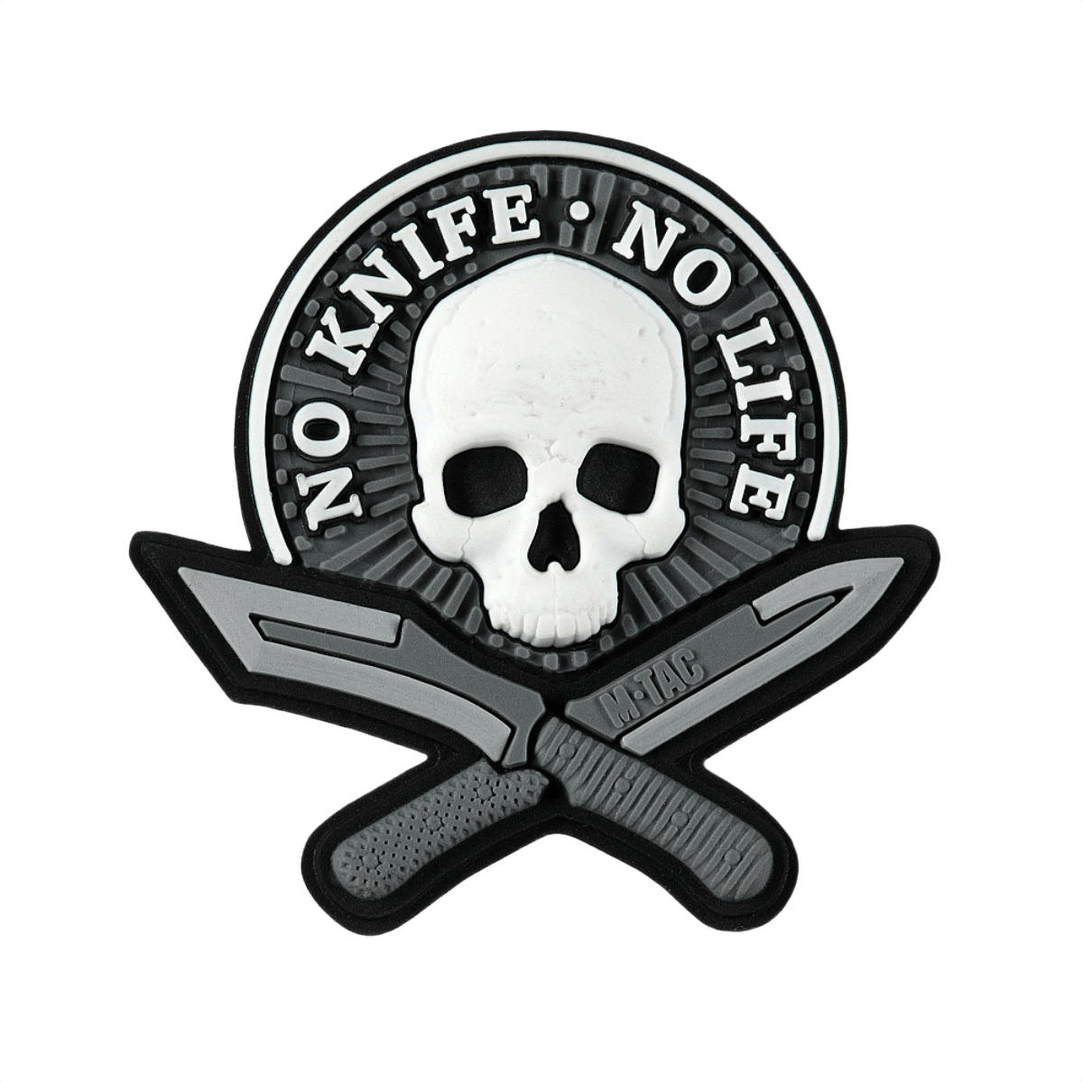 M-Tac Patch No Knife – No Life 3d PVC taktinen morale-tarra kraniumilla ja veitsillä, velcro-tausta, 50x50 mm