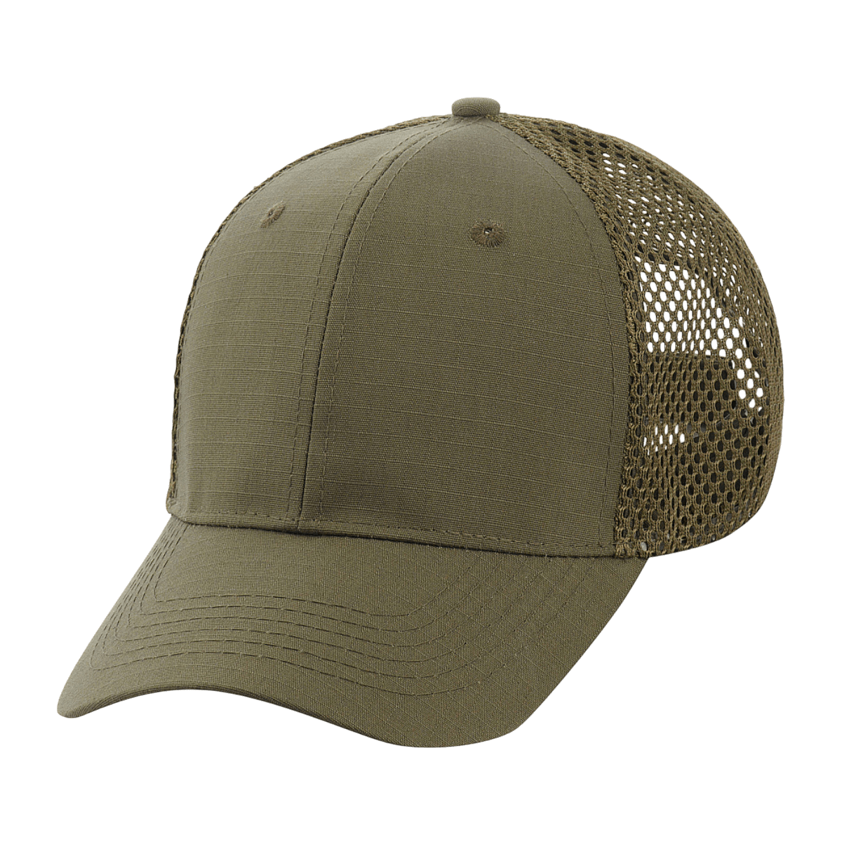 M-Tac Mesh Flex Ripstop Baseball Cap oliivinvihreänä, mesh-paneelit ilmanvaihtoa ja mukavuutta varten. Kestävä ja säädettävä lippalakki ulkokäyttöön.