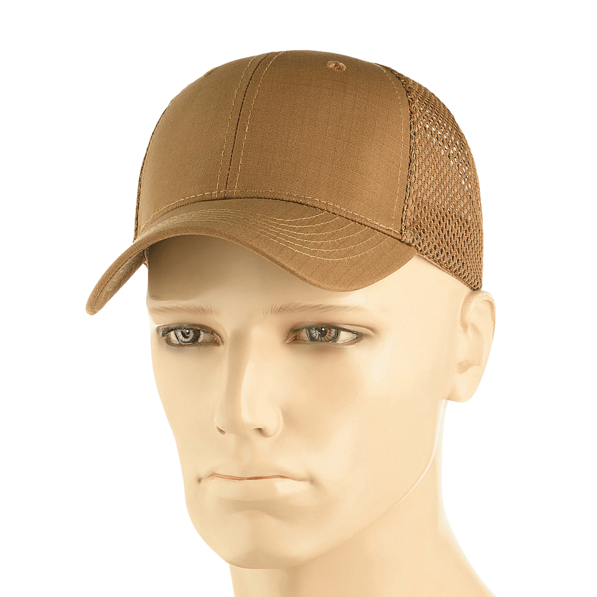 M-Tac Mesh Flex Ripstop Baseball Cap ruskeana mesh-paneeleilla, säädettävä Velcro-nauha mallinuken päässä. Käytännöllinen ulkoilulippis.