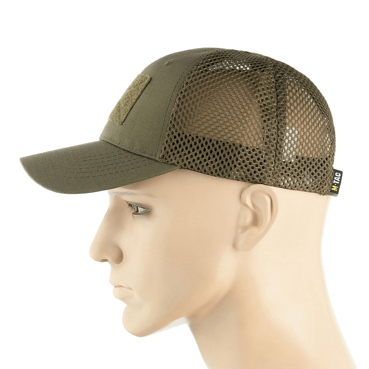 M-Tac Mesh Flex Ripstop Baseball Cap Velcro-kiinnityksellä oliivinvihreänä, ventilaatioverkko ja Velcro-paneeli, sivunäkymä.