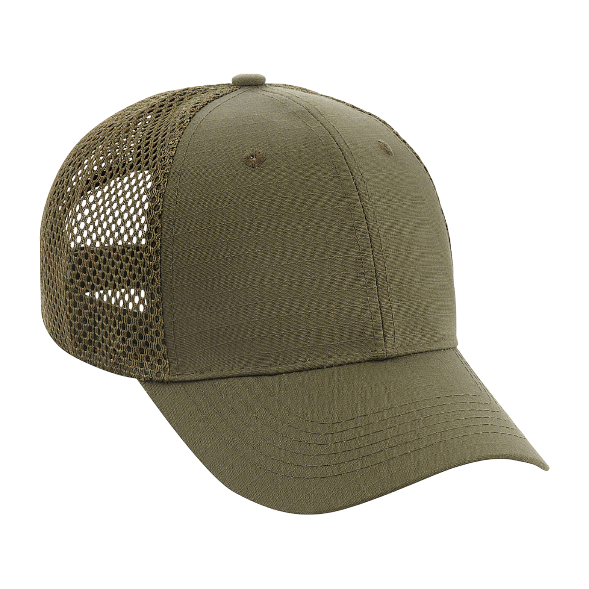 M-Tac Mesh Flex Ripstop Baseball Cap oliivinvihreänä mesh-paneeleilla ilmanvaihtoon ja säädettävällä Velcro-tarranauhalla.