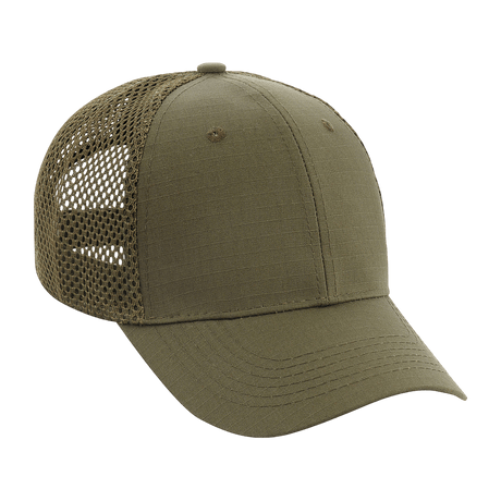 M-Tac Mesh Flex Ripstop Baseball Cap oliivinvihreänä mesh-paneeleilla ilmanvaihtoon ja säädettävällä Velcro-tarranauhalla.