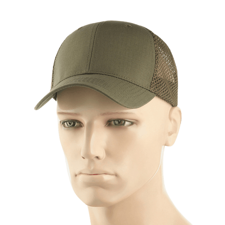 M-Tac Mesh Flex Ripstop Baseball Cap vihreänä mesh-paneeleilla, säädettävä Velcro-nauha ja kiinteä lippa, täydellinen ulkokäyttöön.