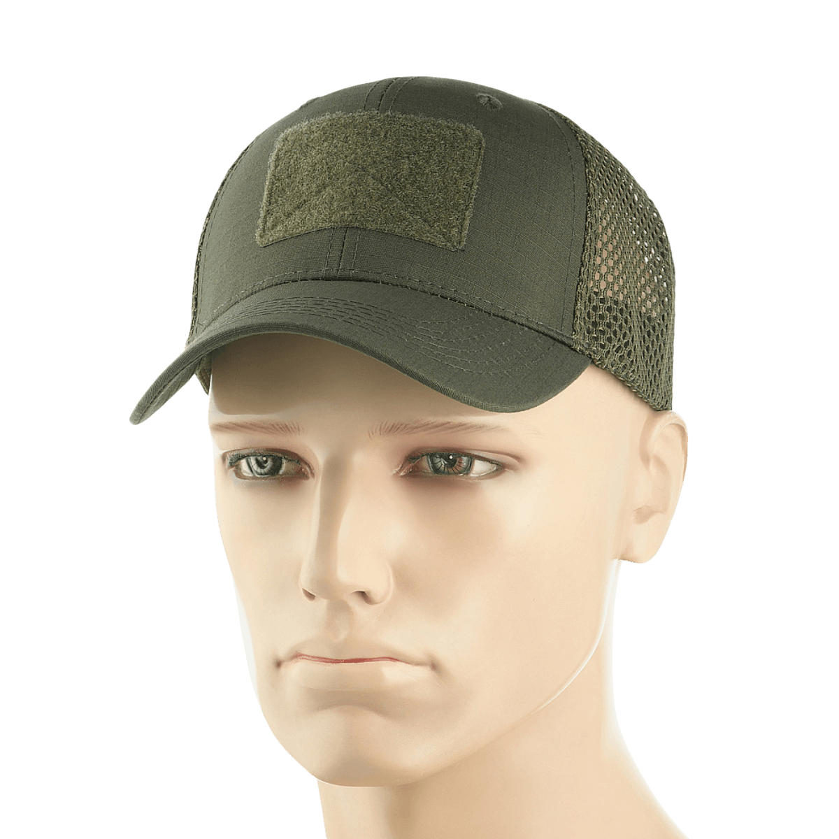 M-Tac Mesh Flex Ripstop Baseball Cap Velcro-kiinnityksellä netti-paneeleilla, sopii taktiseen käyttöön ja kesäpäiviin, mannekiinilla esitettynä.