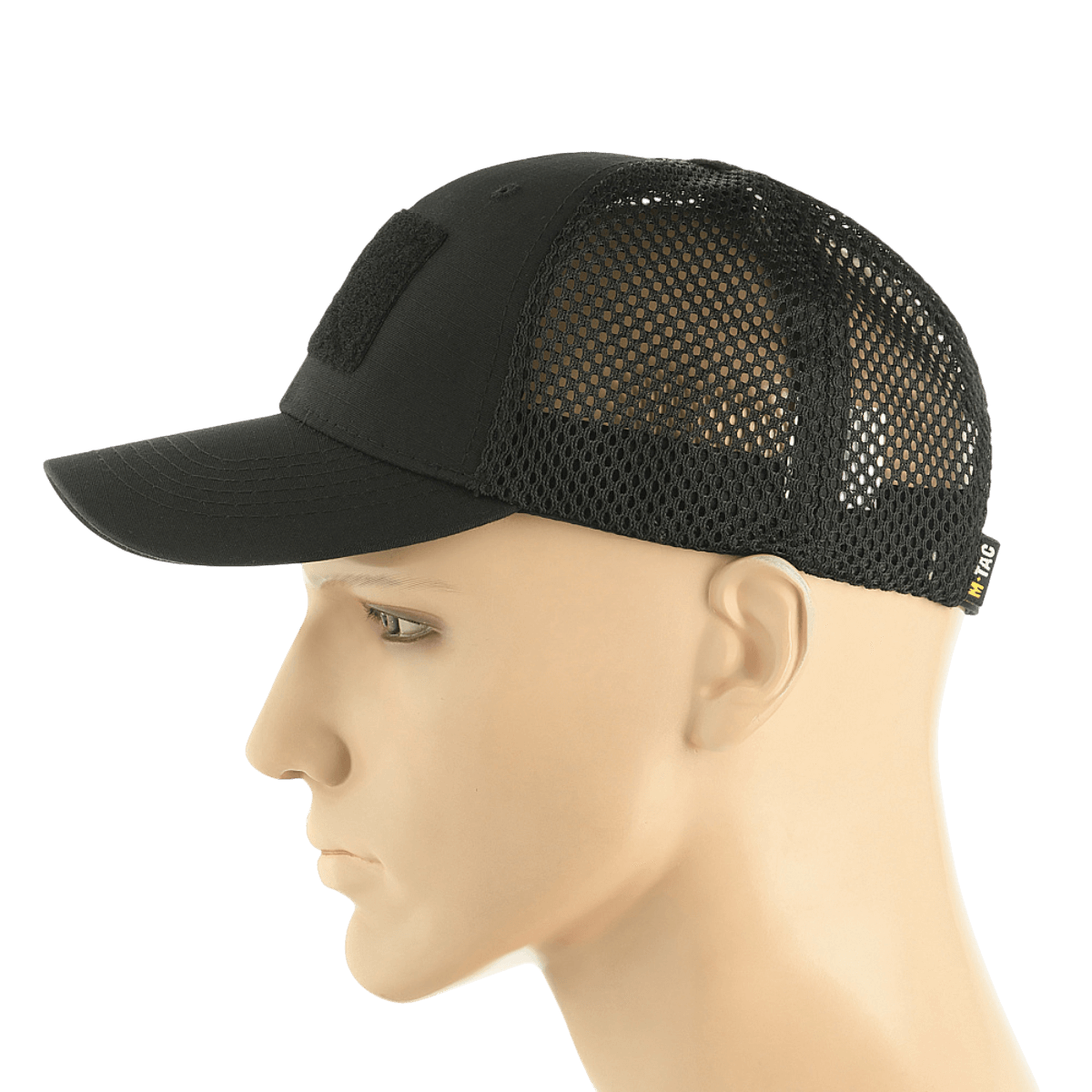 M-Tac Mesh Flex Ripstop Baseball Cap Velcro-kiinnityksellä, musta, ilmanvaihtopaneelit ja säädettävä koko, sivunäkymä mannekiinilla.
