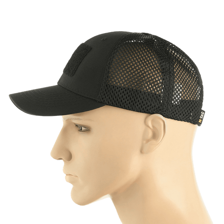 M-Tac Mesh Flex Ripstop Baseball Cap Velcro-kiinnityksellä, musta, ilmanvaihtopaneelit ja säädettävä koko, sivunäkymä mannekiinilla.