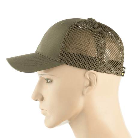 M-Tac Mesh Flex Ripstop Baseball Cap oliivinvihreänä, hengittävät mesh-paneelit sivulla, sivukuva, ihanteellinen ulkokäyttöön ja mukavuuteen.