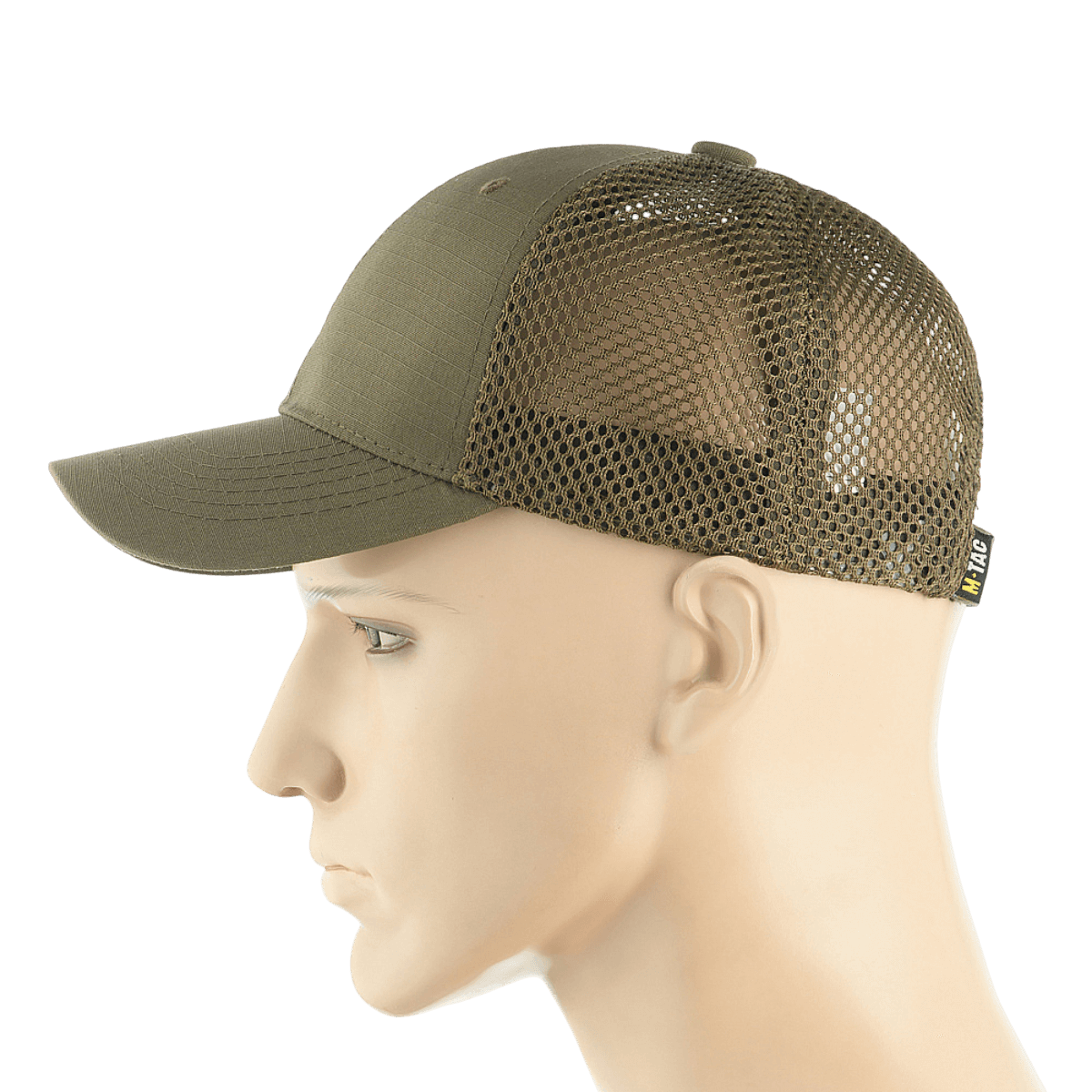 M-Tac Mesh Flex Ripstop Baseball Cap oliivinvihreänä, hengittävät mesh-paneelit sivulla, sivukuva, ihanteellinen ulkokäyttöön ja mukavuuteen.