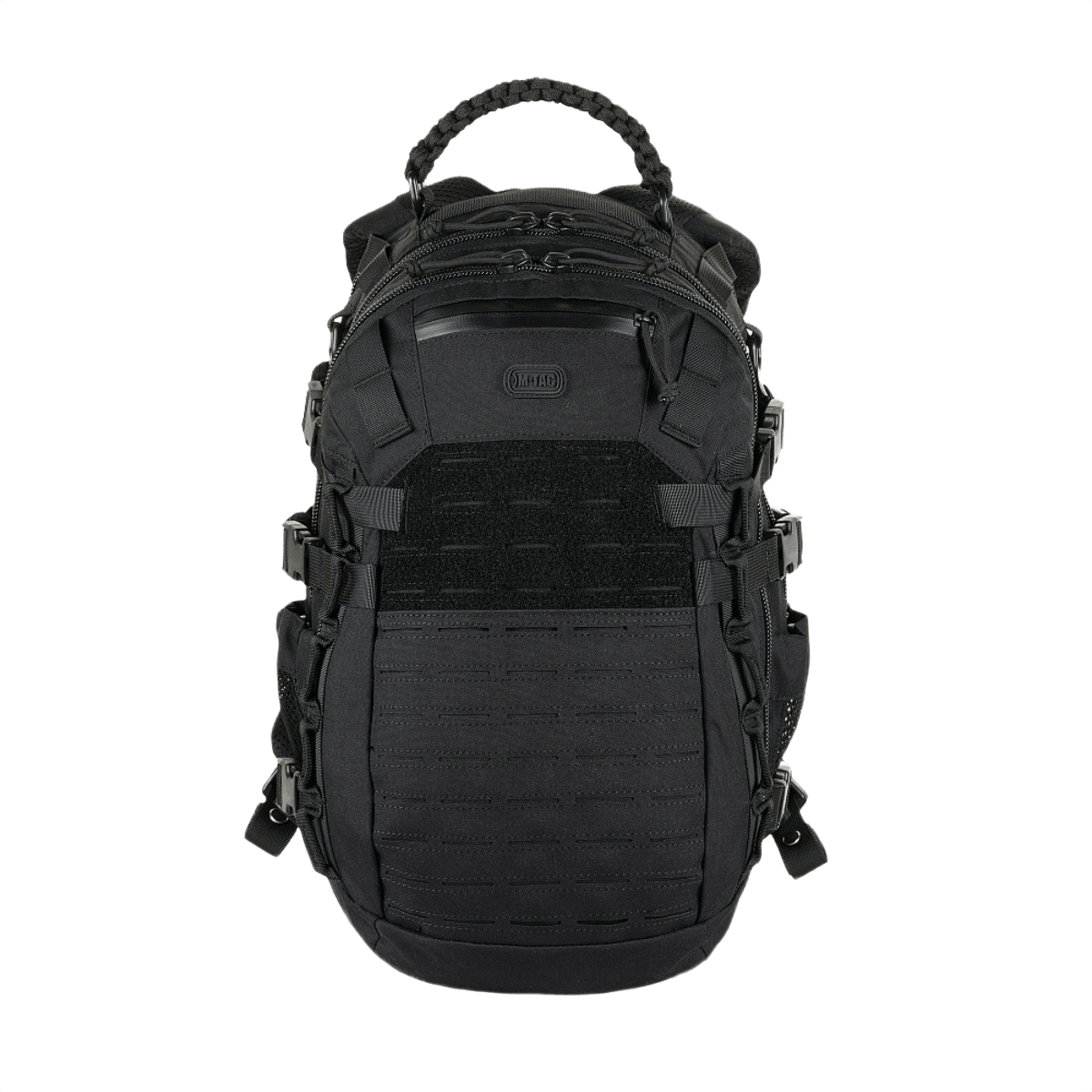 M-Tac Mission Pack -reppu mustasta nylonia, MOLLE-järjestelmällä. Sopii taktiseen käyttöön, metsästykseen ja matkailuun. Tilavuus 25l, 49x29x31 cm, 1800 g.