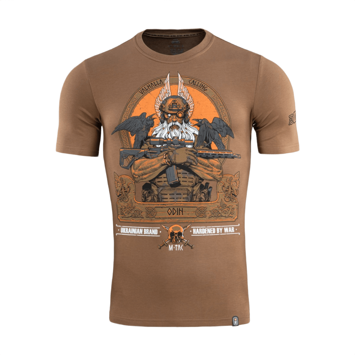 M-Tac T-Shirt Odin Odin‑kuvalla pohjoismaisesta mytologiasta, Hugin ja Munin -korpit ja teksti "Valhalla Calling", ruskea väri.