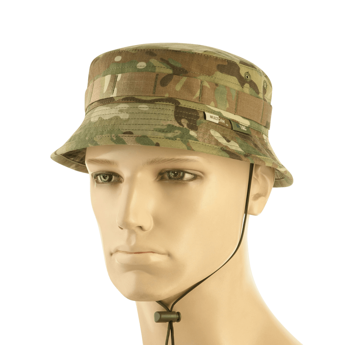 M-Tac Panama Hat Gen.II NYCO maastokuvioinen, MOLLE-liitännällä ja säädettävällä narulla mallinuken päässä.