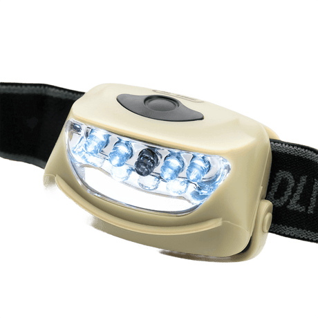 M-Tac otsalamppu 4+1 LED otsavalaisin elastisella otsanauhalla, kolme valotoimintoa, 4 valkoista ja 1 punaista LEDiä, jopa 18 lumenia.